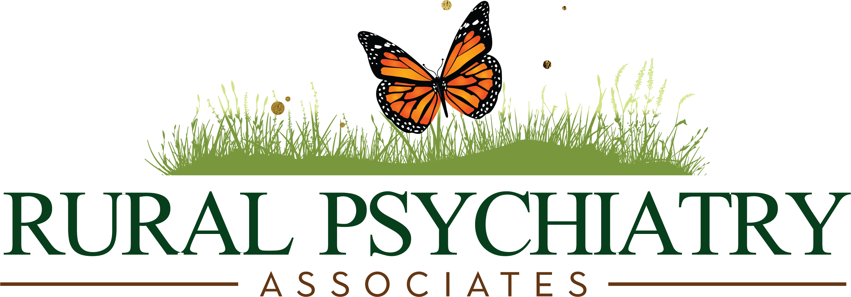 Monarch butterfly flying over field grass - RURAL PSYCHIATRY ASSOCIATES logo